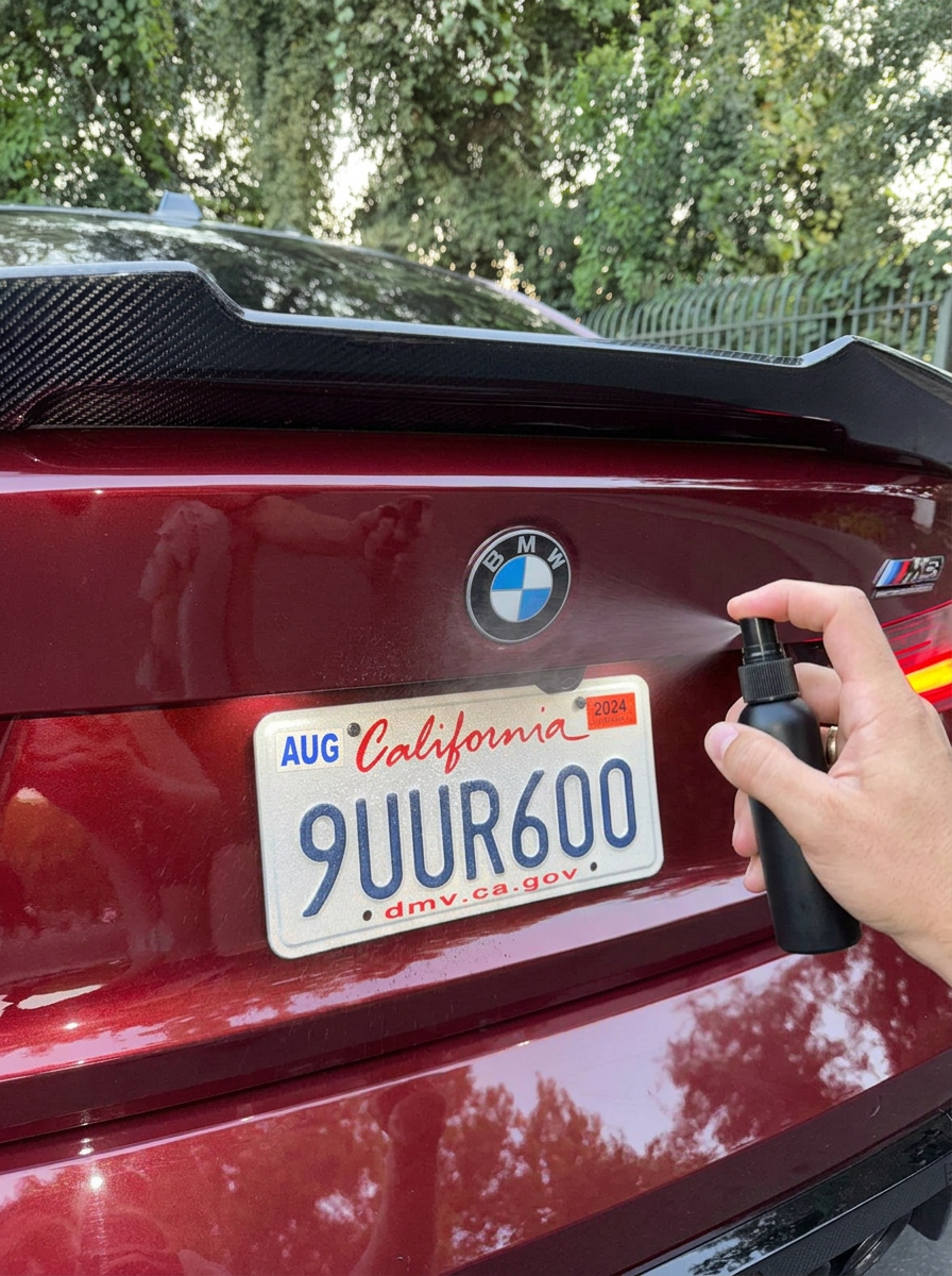 Spraying an even mist of m3brunette shop across a license plate